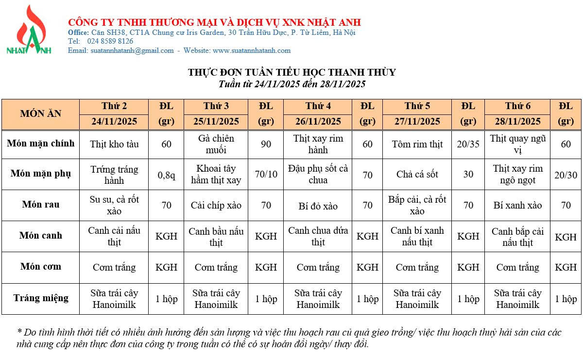 Thực đơn học sinh ăn bán trú ngày 24/11 đến ngày 28/11/2025