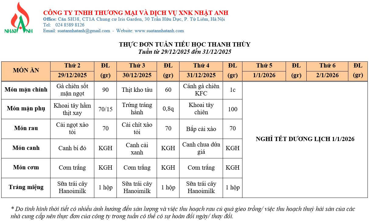 Thực đơn ăn bán trú Từ ngày 29/12/2025 đến ngày 31/12/2025