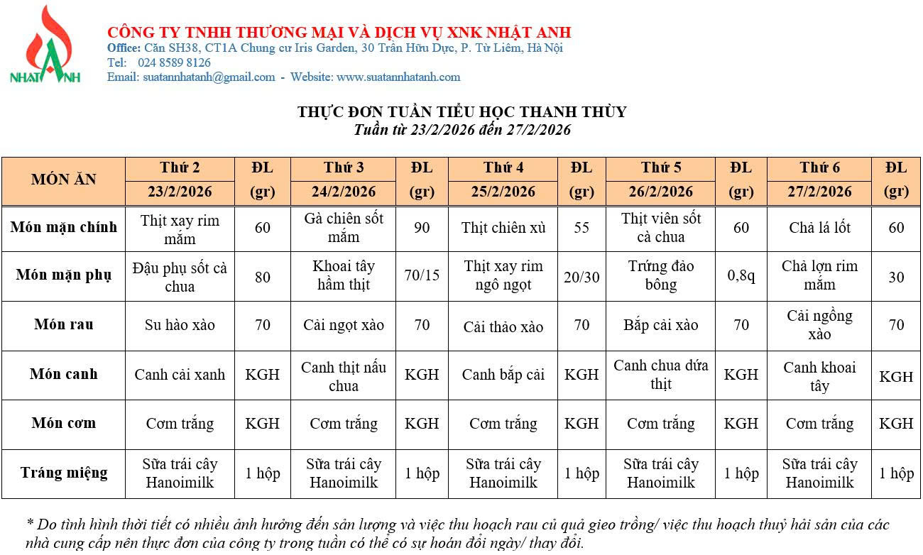 Thực đơn học sinh ăn bán trú từ ngày 23/2/2026