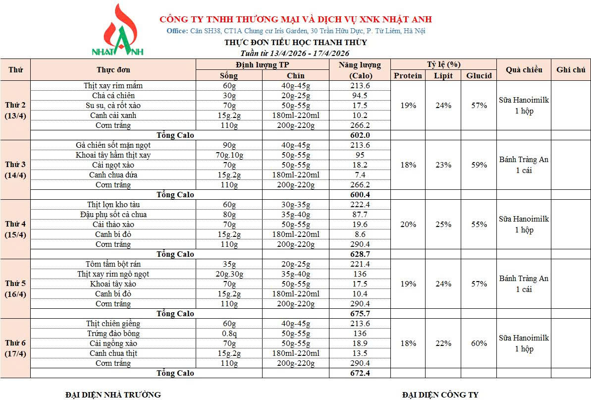Thực đơn bán trú từ ngày 13/4 đến ngày 17/4/2026