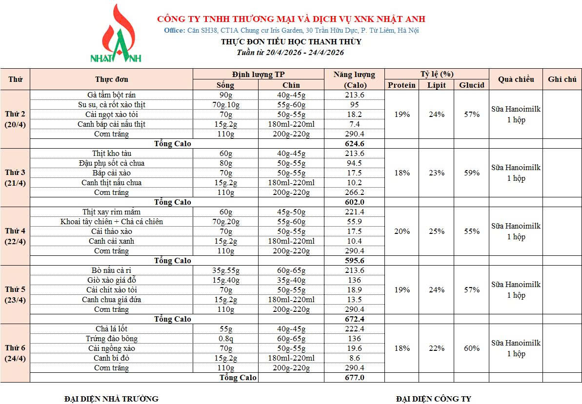 Thực đơn học sinh ăn bán trú từ ngày 20/4  đến ngày 24/4 2026