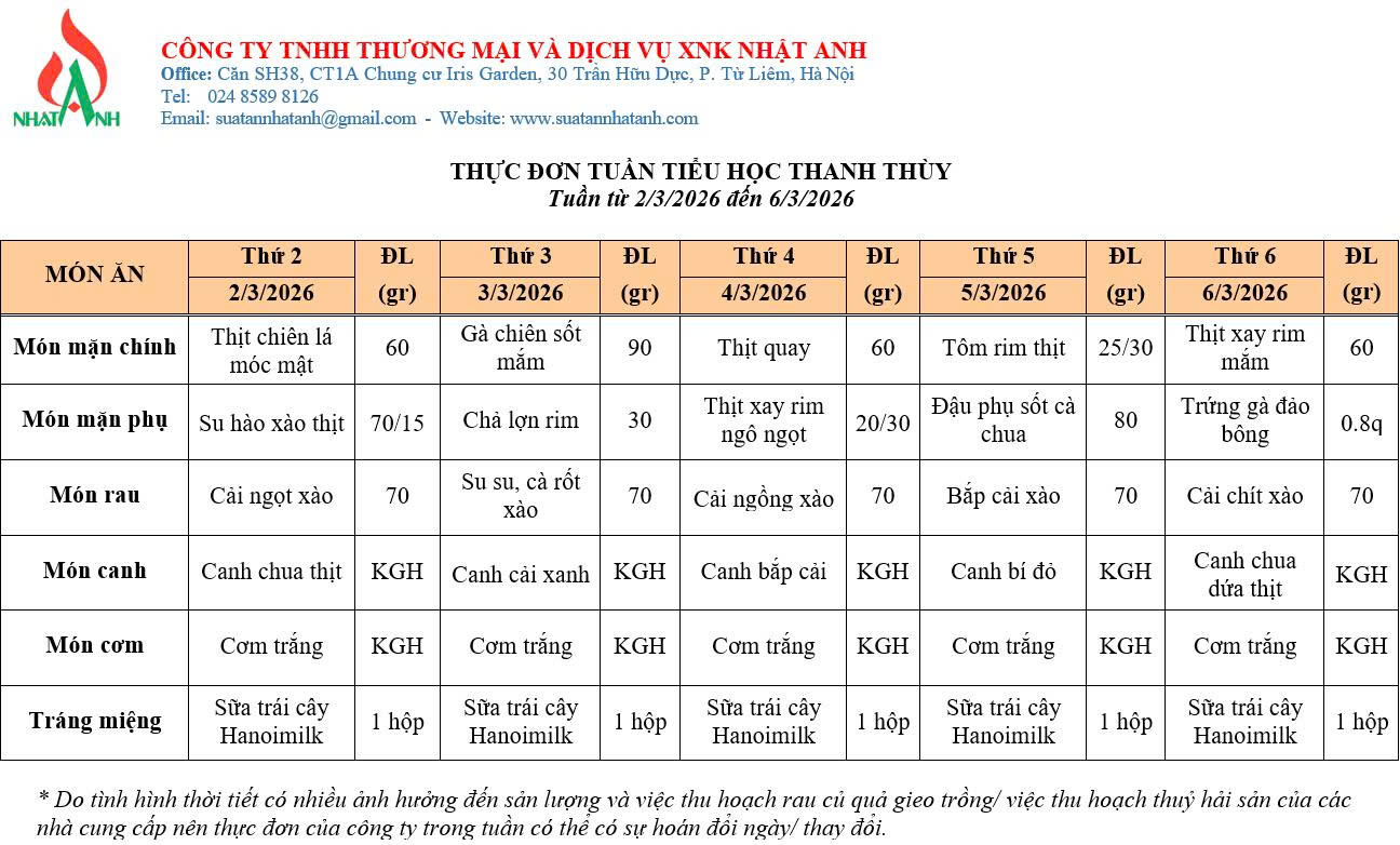 Thực  đơn học sinh ăn bán trú từ ngày 03 đến ngày 6 tháng 3 năm 2026